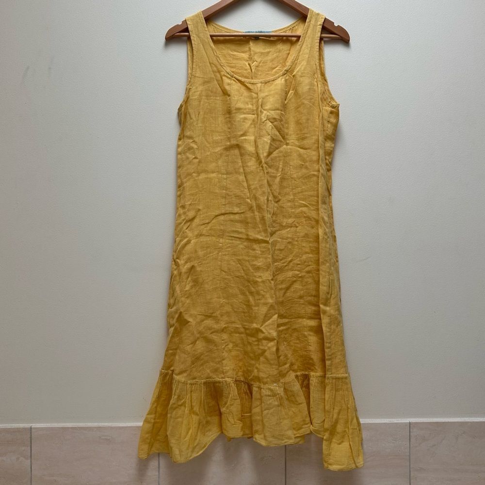 Anthropologie La Fée Maraboutée Yellow Ruffle Hem Linen Cotton Summer Dress